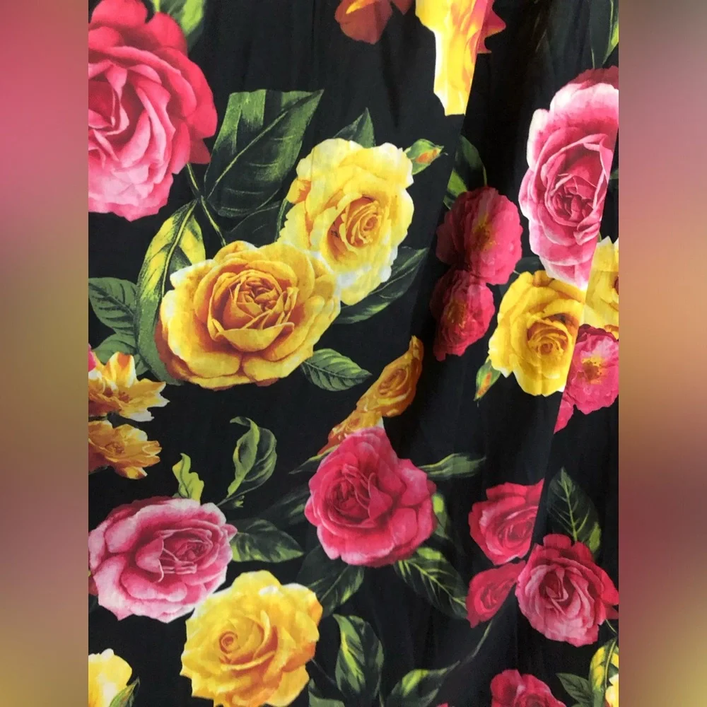 Joie black and yellow red pink roses print maxi cotton blend skirt size medium